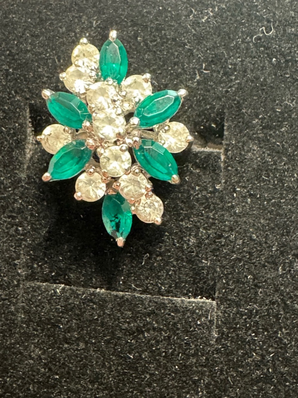 Emerald and Clear Crystal Flower Cluster Ring - Women Jewelry
